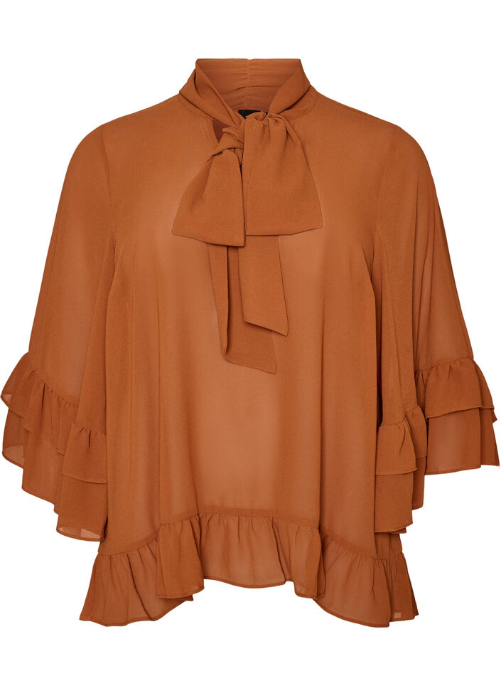 Blouse met striklint en ruches, Bruin, Packshot image number 0