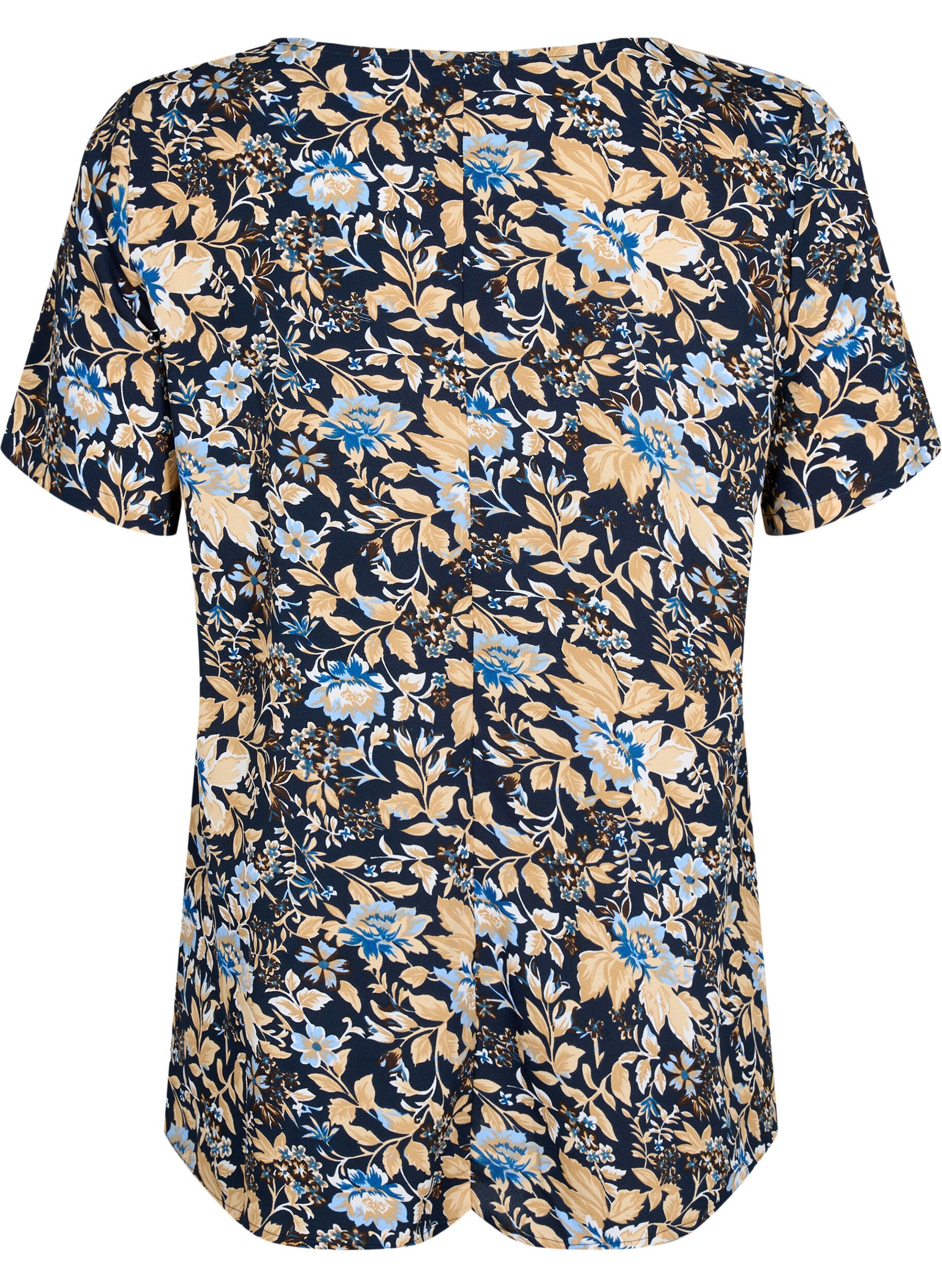 Zizzi 	 FLASH - Blouse met korte mouwen en print, Brown Blue Flower, Packshot image number 1