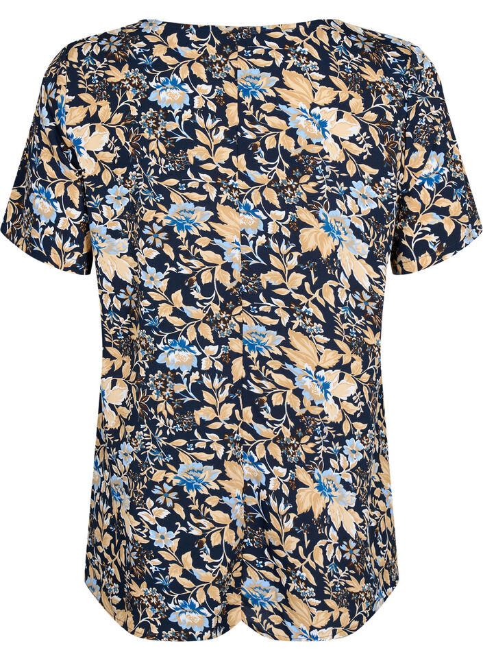 	 FLASH - Blouse met korte mouwen en print, Brown Blue Flower, Packshot image number 1