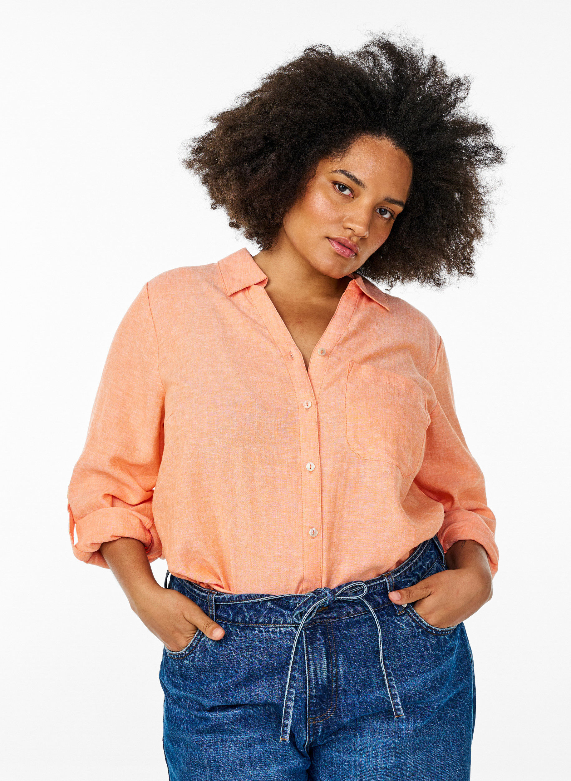 Linnen en viscose shirt met 3/4 mouwen, Oranje, Model