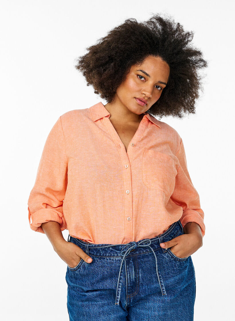 Linnen en viscose shirt met 3/4 mouwen, Oranje, Model image number 0