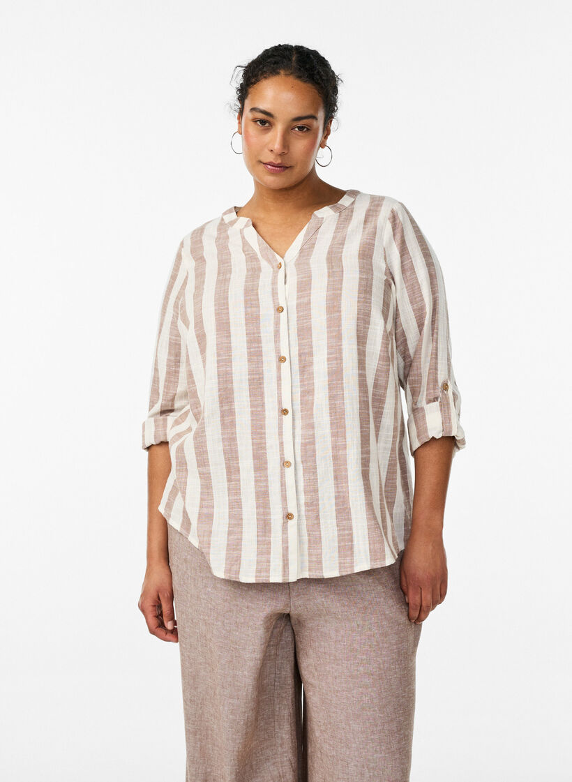 Katoenen blouse met V-hals, Beige, Model image number 0