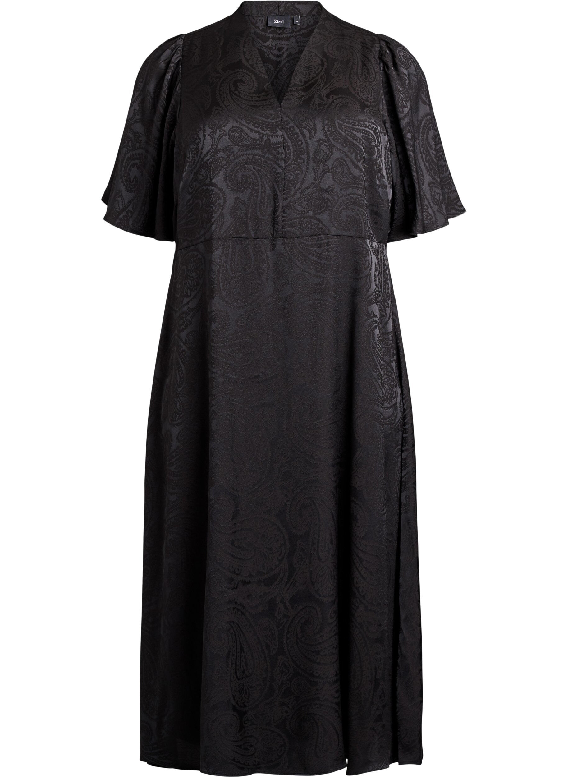 ZizziMidi-jurk met jacquard en paisleypatroon en vleugelmouwen, Zwart, Packshot image number 0