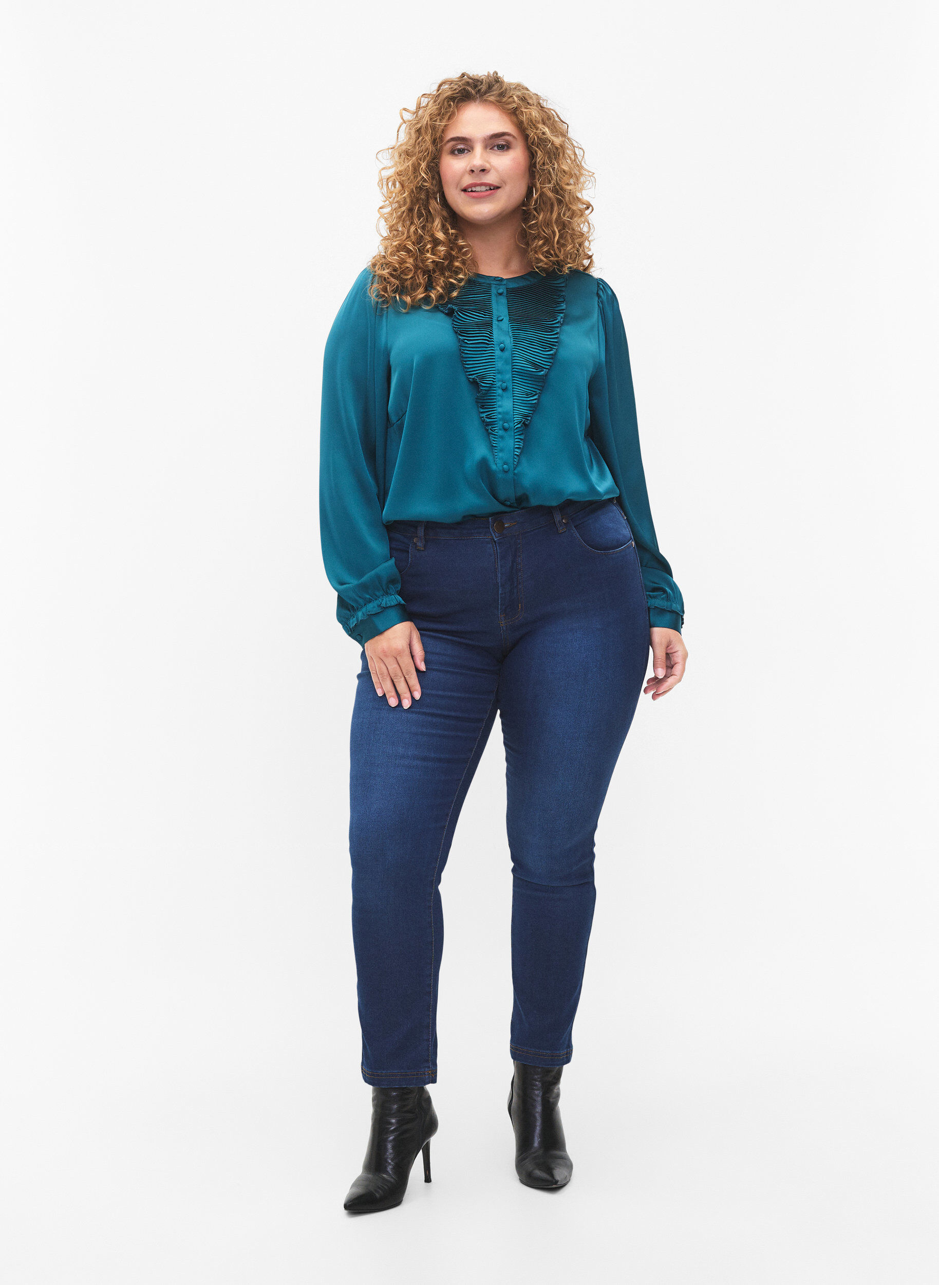 Zizzi Satijnen overhemd blouse met ruches, Shaded Spruce, Model image number 2