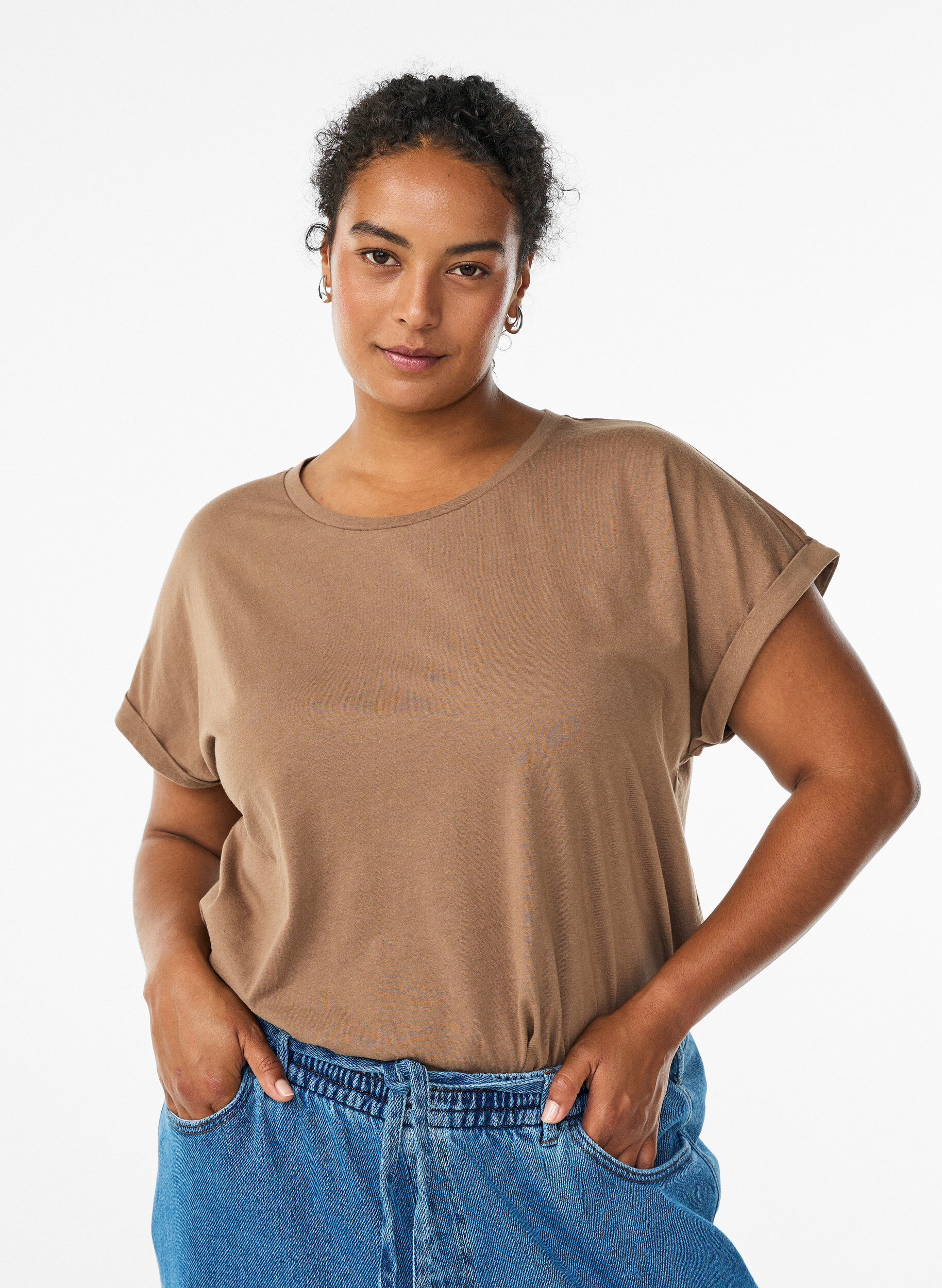 ZizziT-shirt met korte mouwen van katoenmix, Bruin, Model image number 0
