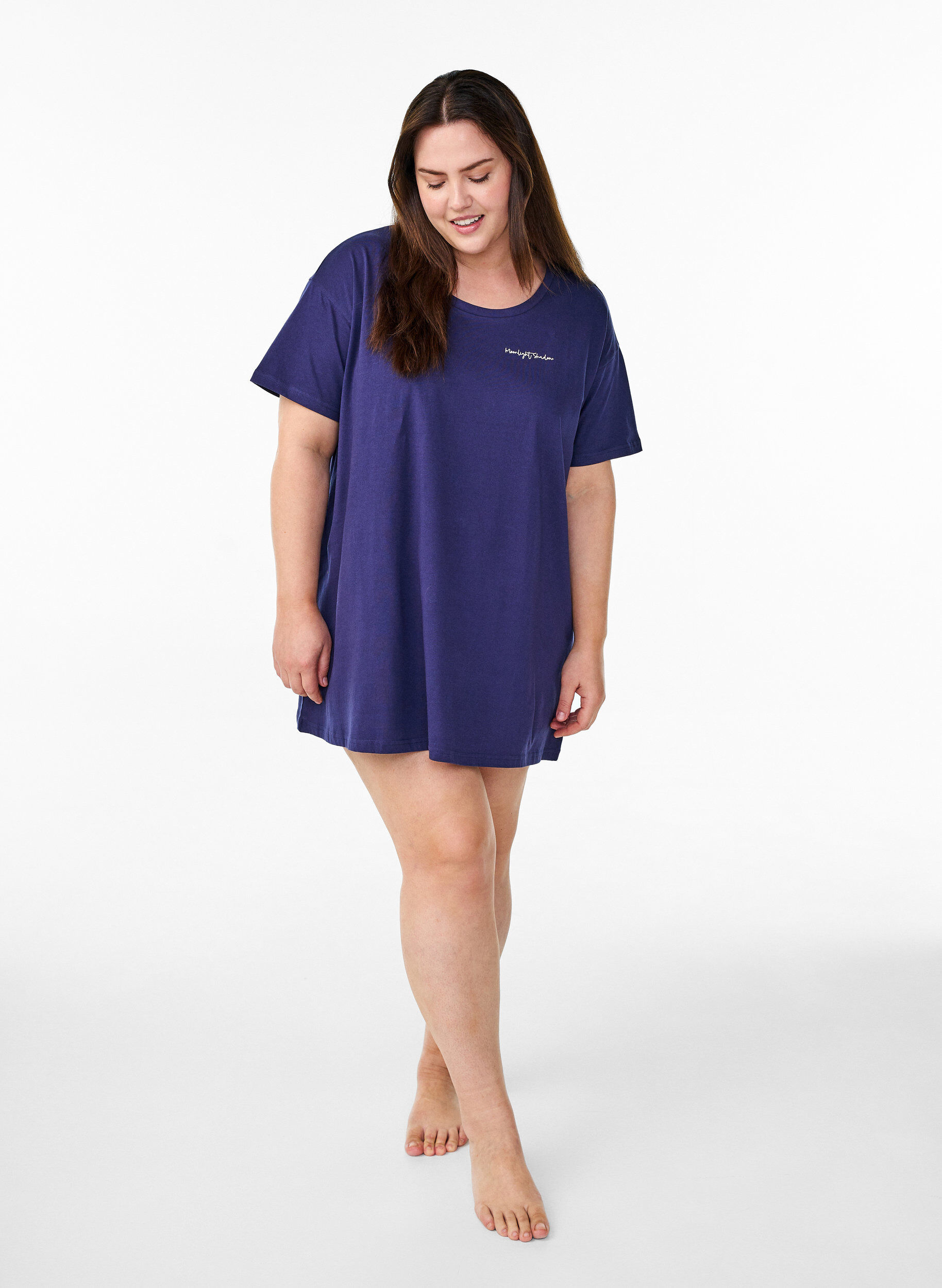 Zizzi Lang nachthemd-T-shirt in biologisch katoen met print, Blauw, Model image number 1