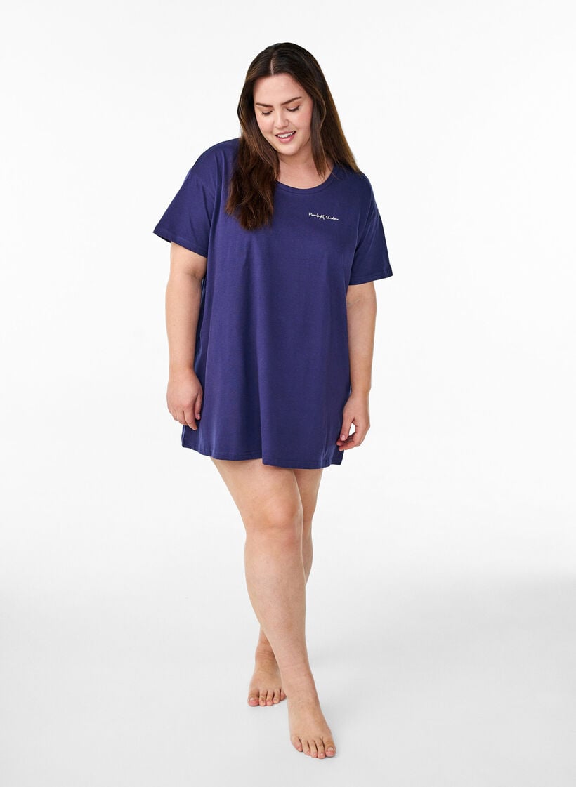 Lang nachthemd-T-shirt in biologisch katoen met print, Blauw, Model image number 1