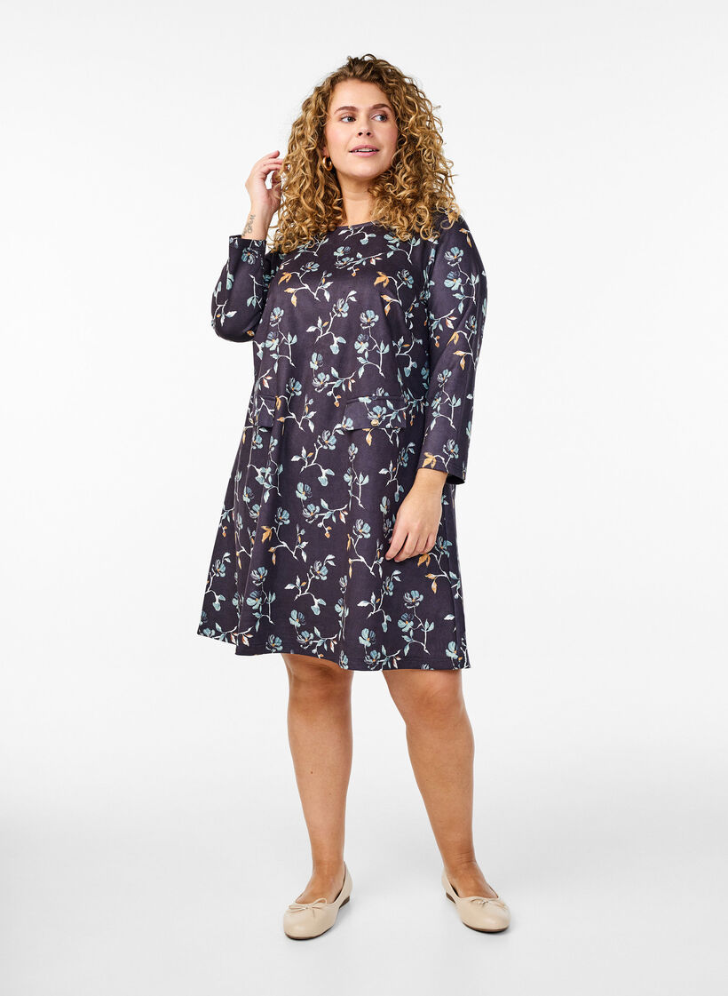 Korte A-lijn jurk met 7/8 mouwen, Zwart, Model image number 1