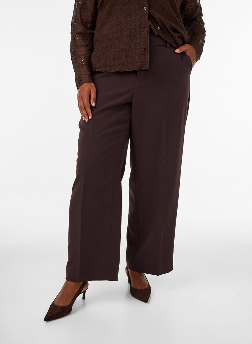 Op maat gemaakte broek met wijde pijpen en hoge taille, Bruin, Model image number 2