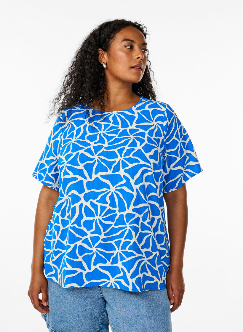 Blouse met korte mouwen en ronde hals, Blauw, Model image number 0