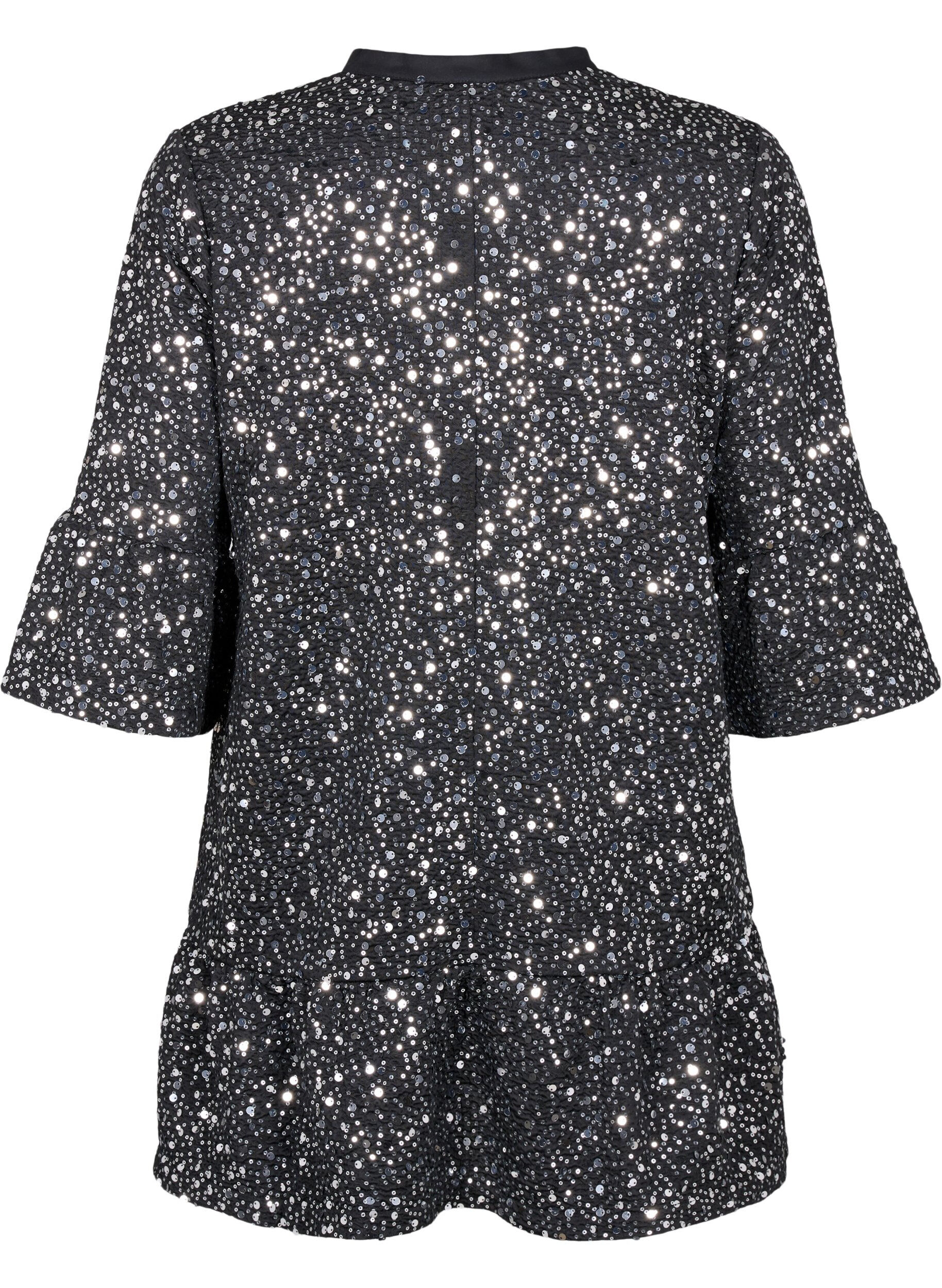 Zizzi Paillettenjurk met V-hals en 3/4 mouwen, Black w. Sequins, Packshot image number 1