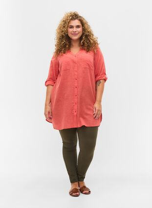 Lange blouse met 3/4 mouwen en v-hals, Hot Coral, Model image number 2