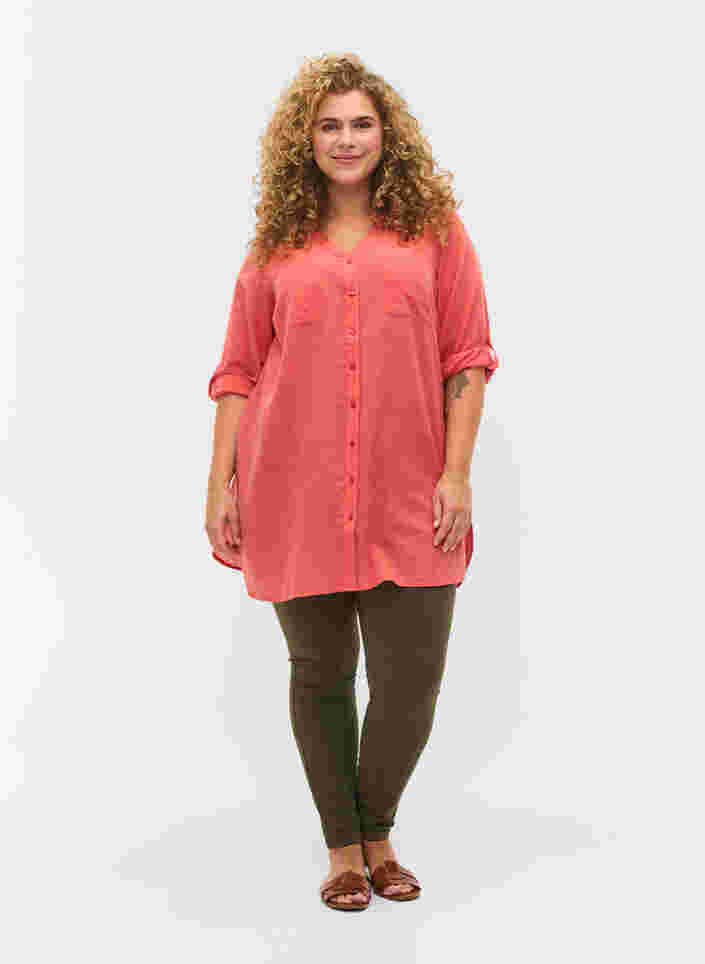 Lange blouse met 3/4 mouwen en v-hals, Hot Coral, Model image number 2