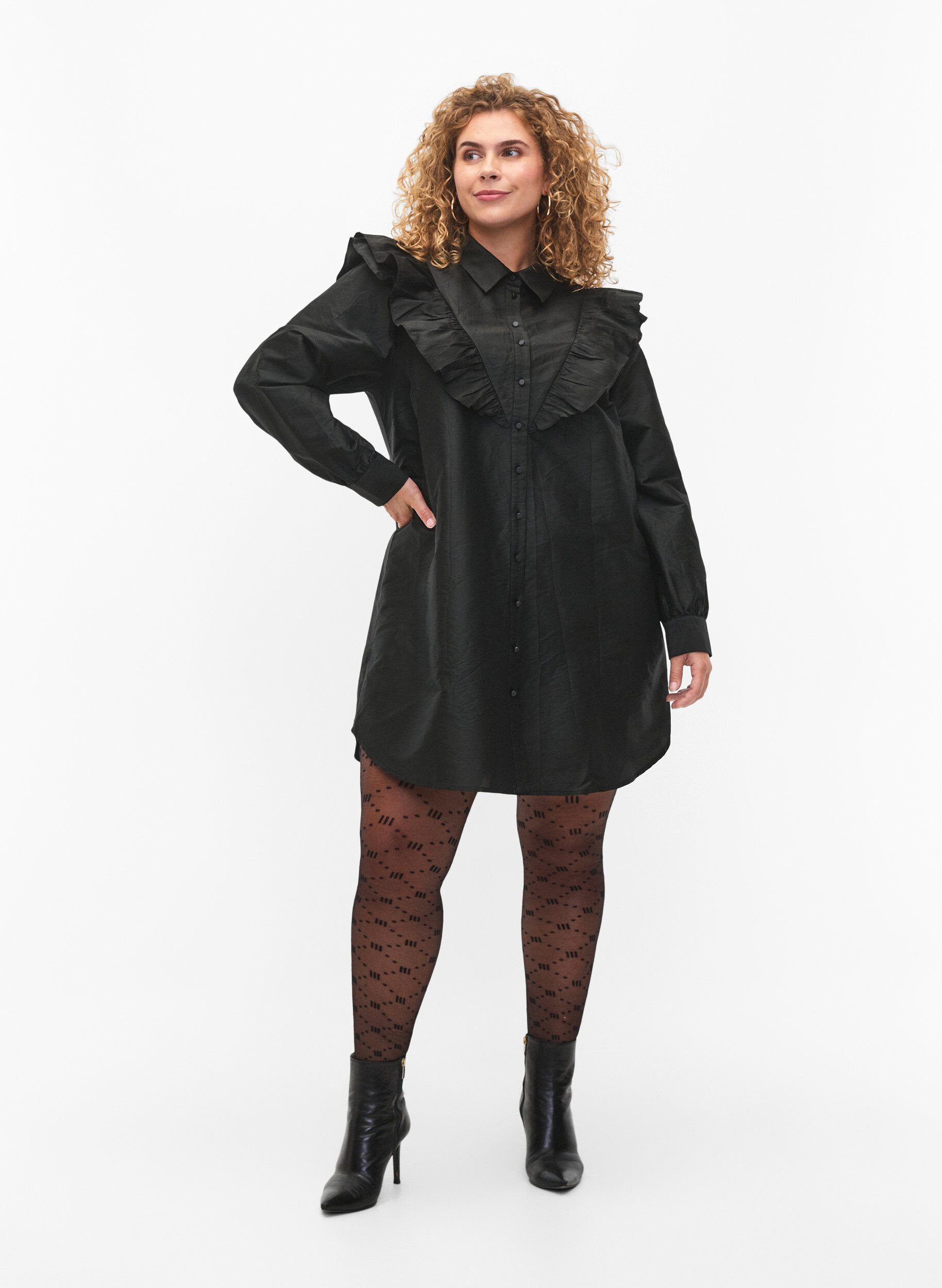 Zizzi Effen overhemd met lintdetail, Black, Model image number 2