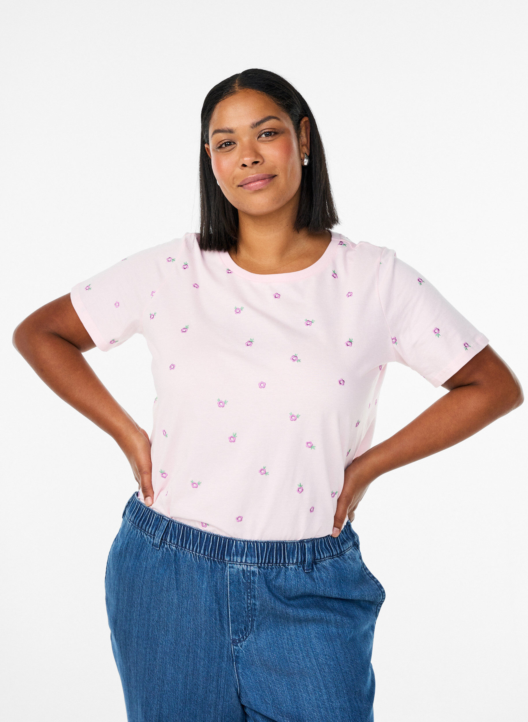 Zizzi T-shirt in biologisch katoen met geborduurde motieven, Roze, Model image number 0