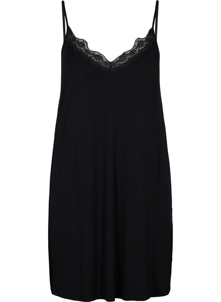 Pyjama jurk met kanten rand in viscose, Zwart, Packshot image number 0