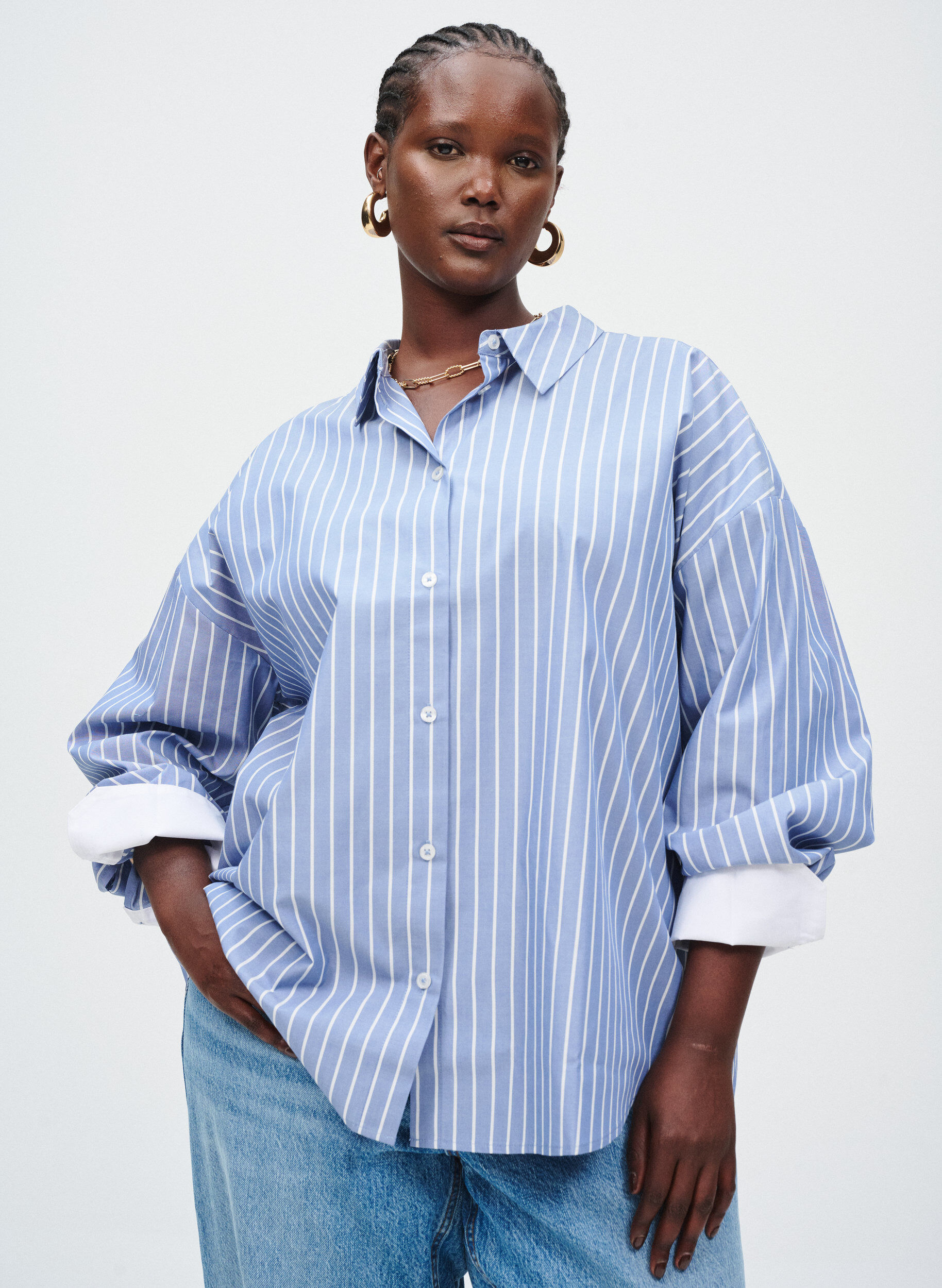 Zizzi Gestreept shirt met contrasterende manchetten, Blauw, Image image number 0