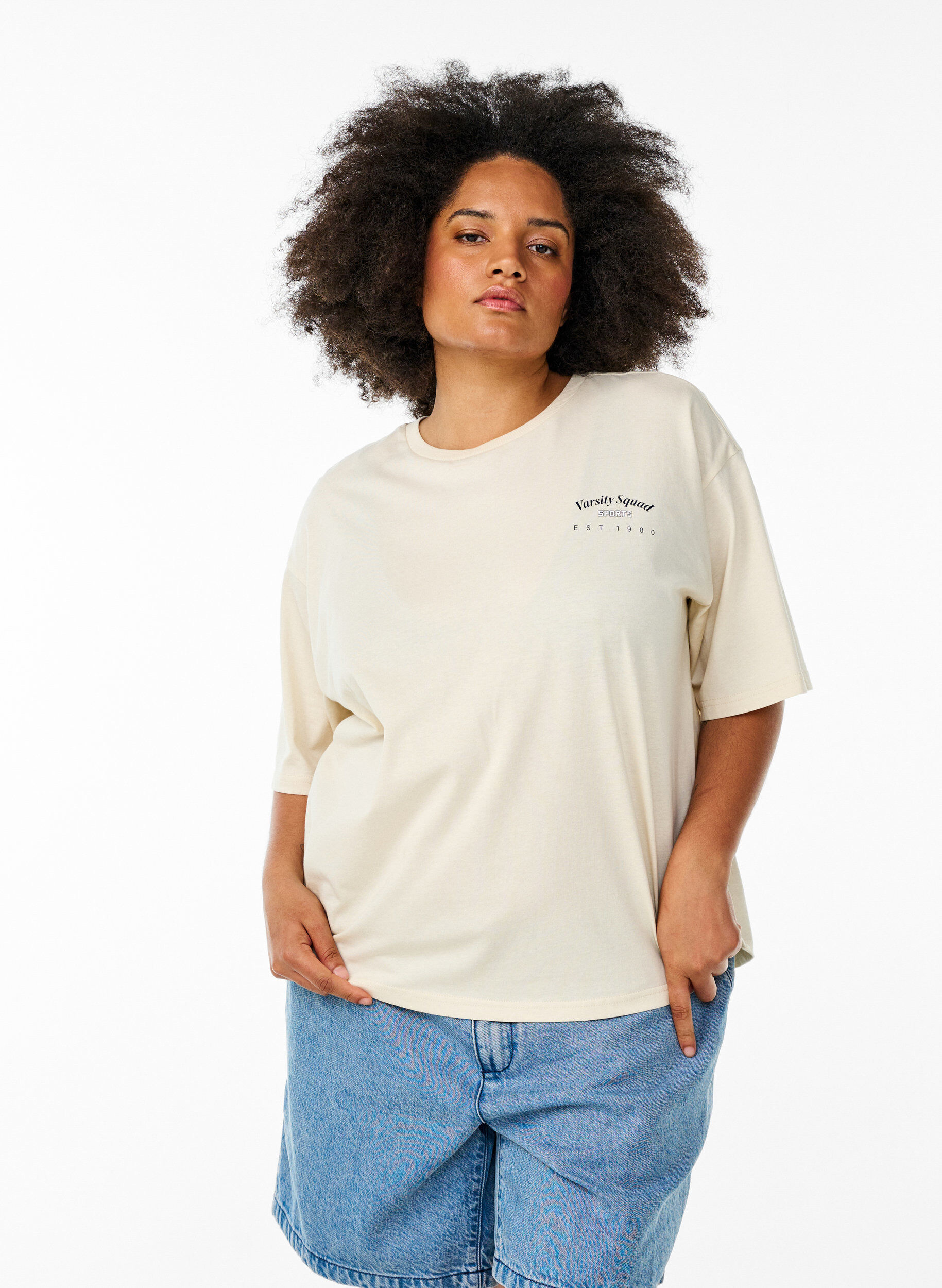 Oversized T-shirt met rugprint, Beige, Model