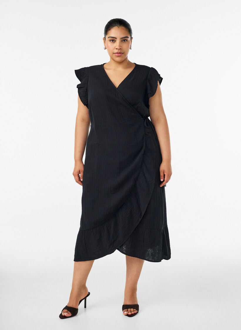Omslagjurk in katoenen mousseline met ruches, Zwart, Model image number 0
