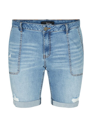 Nauwsluitende denim shorts met slijtagedetails, Light blue denim, Packshot image number 0