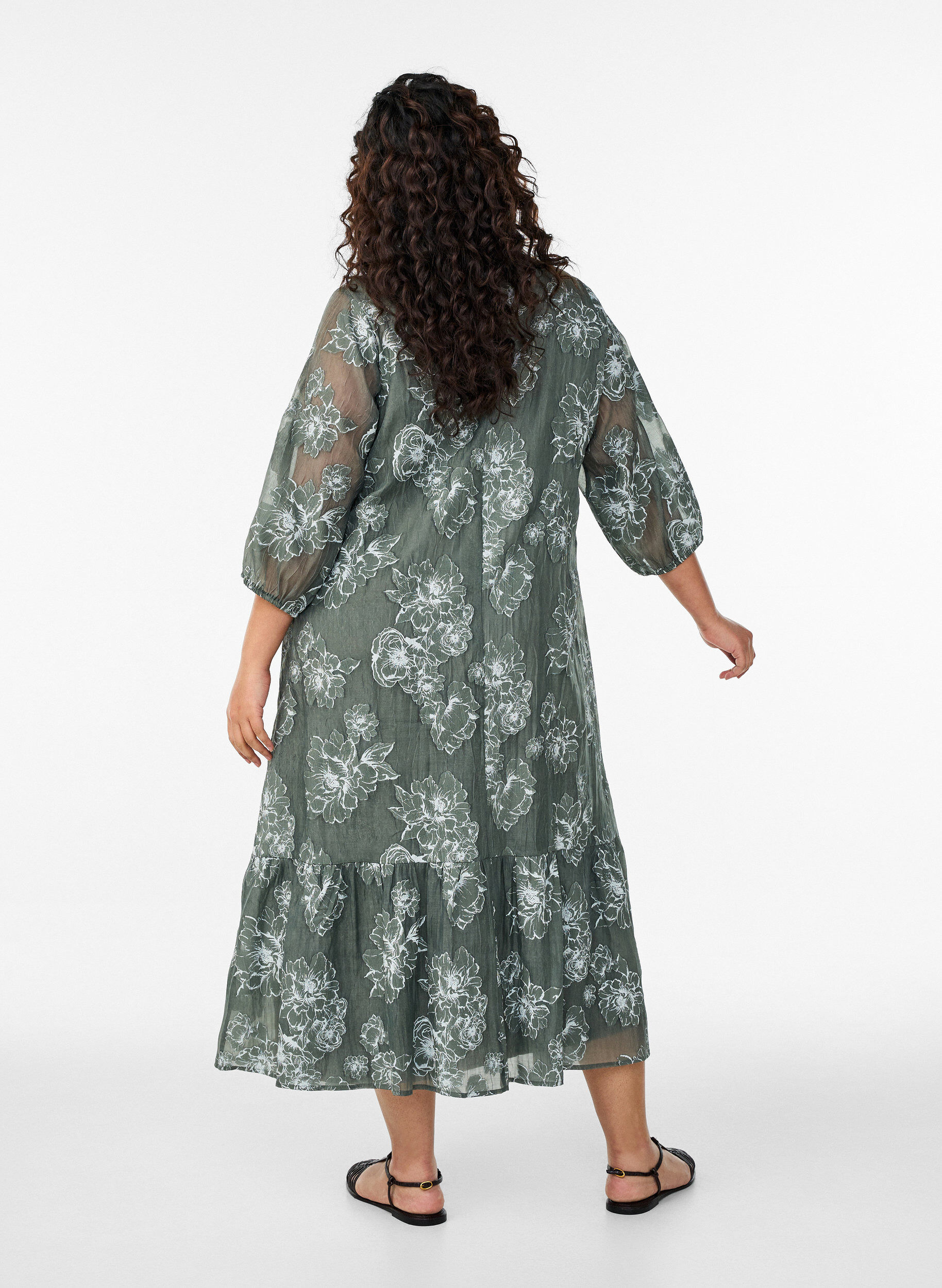 Zizzi Midi jurk met bloemenprint en transparante 3/4-mouwen, Groen, Model image number 1