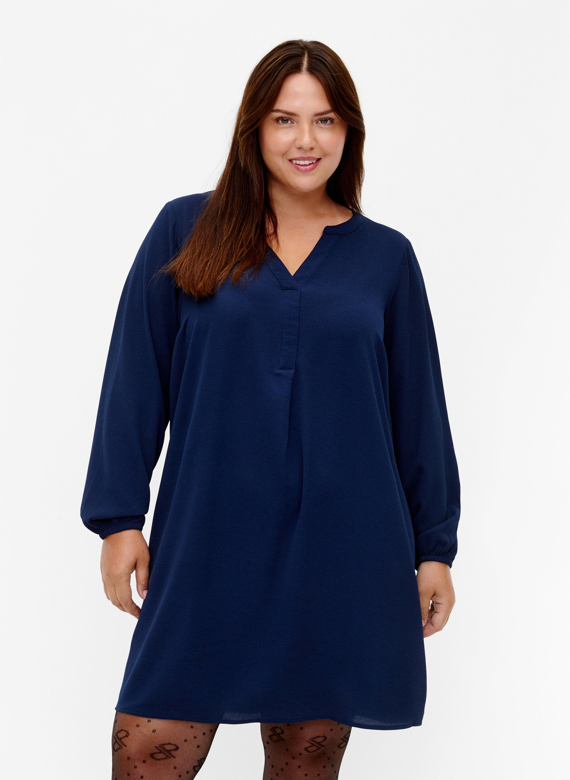 Zizzi Jurk met lange mouwen en V-hals, Navy, Model image number 0