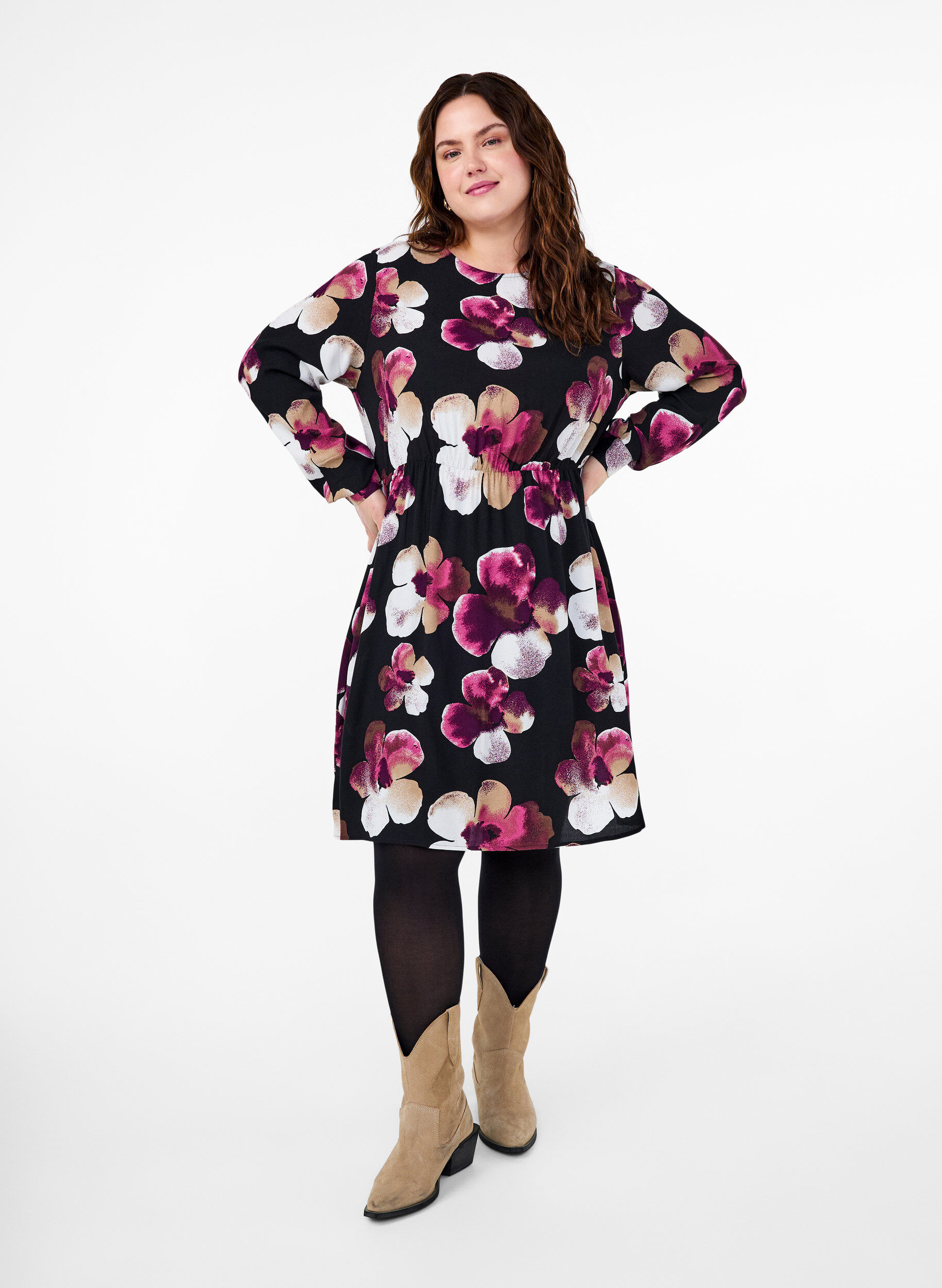 Zizzi Viscose jurk met print en lange mouwen, Zwart, Model image number 1