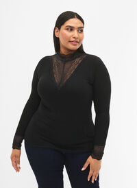 Geribde viscose blouse met kant, Black, Model
