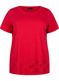 T-shirt in katoen met anglaise borduurwerk, Tango Red