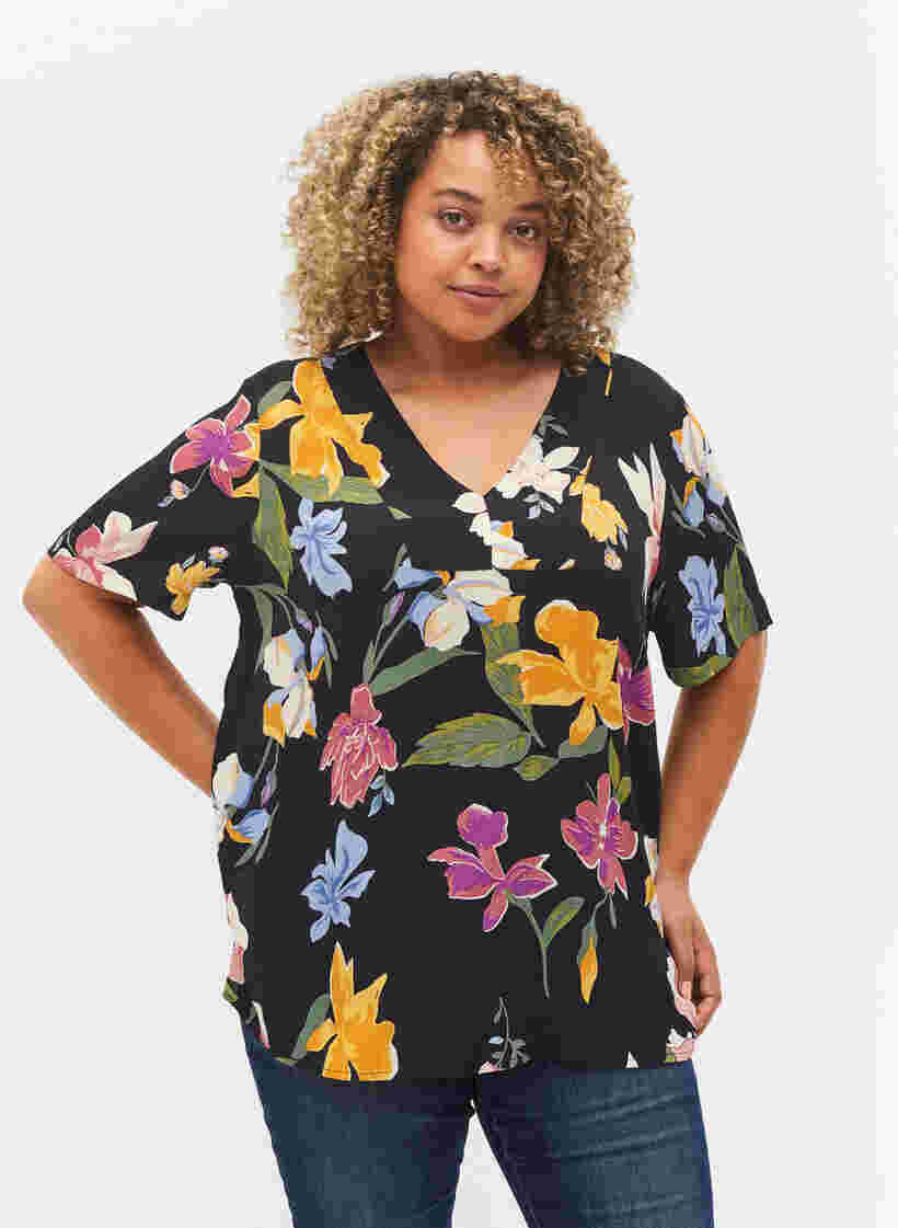 Viscose blouse met korte mouwen en bloemenprint, Big Flower AOP, Model image number 0