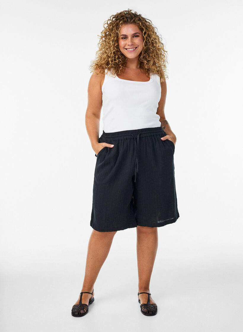 Los katoenen mousseline shorts met een hoge taille, Zwart, Model image number 1
