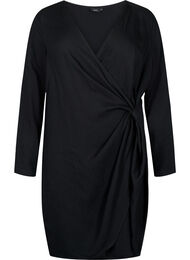 Viscose jurk met lange mouwen en wikkel-look, Black