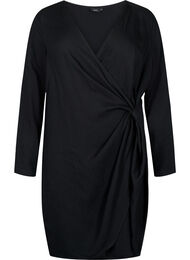 Viscose jurk met lange mouwen en wikkel-look, Black