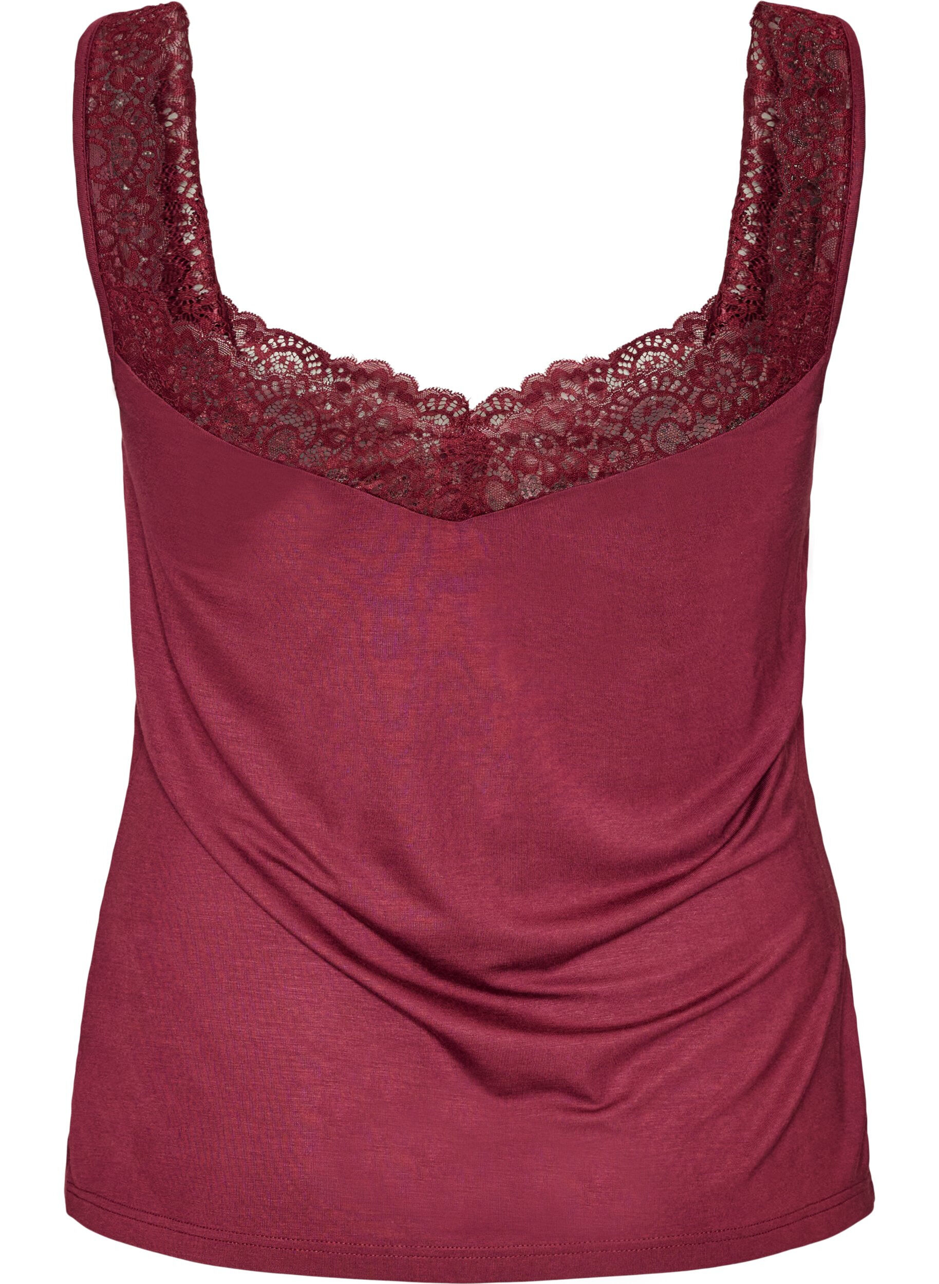 ZizziViscose top met kanten rand, Rood, Packshot image number 1