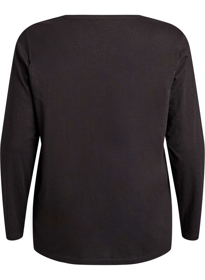 T-shirt met lange mouwen, V-hals en knopen, Zwart, Packshot image number 1