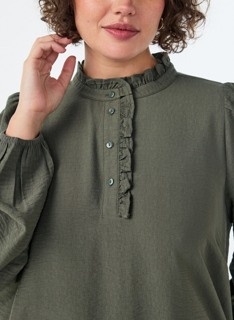 Viscose tuniek met ruches en knopen, Groen, Model image number 3