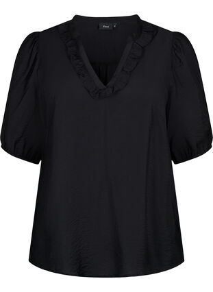 Viscose blouse met pofmouwen en ruches, Black, Packshot image number 0