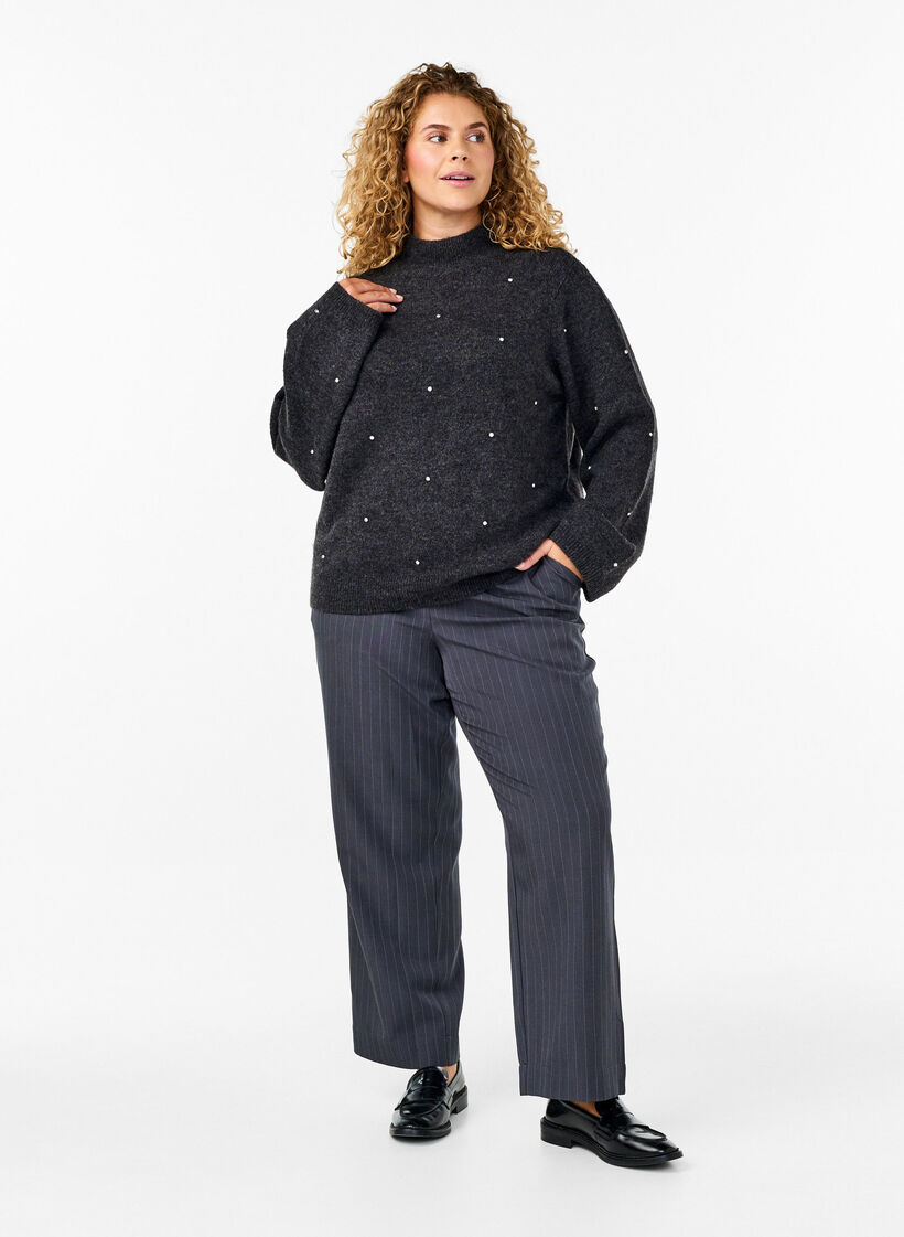 Gebreide blouse met bergkristallen en een hoge halslijn, Dark Grey Melange, Model image number 2