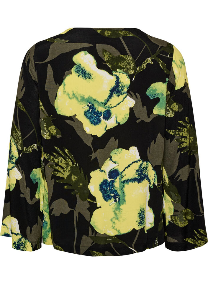 Blouse met bloemenprint, boothals en wijde mouwen, Zwart, Packshot image number 1