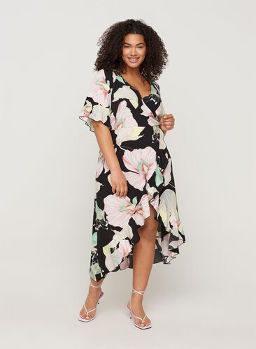Viscose jurk met bloemenprint en korte mouwen, Black AOP, Model image number 0