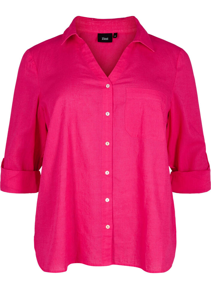 Overhemdblouse met knoopsluiting van katoen-linnenmix, Bright Rose, Packshot image number 0