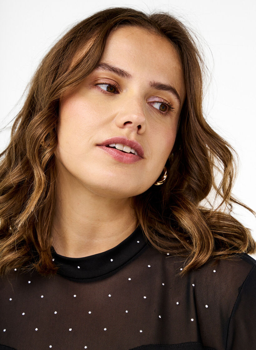 Bodystocking met studs en lange mesh mouwen, Black, Image image number 0