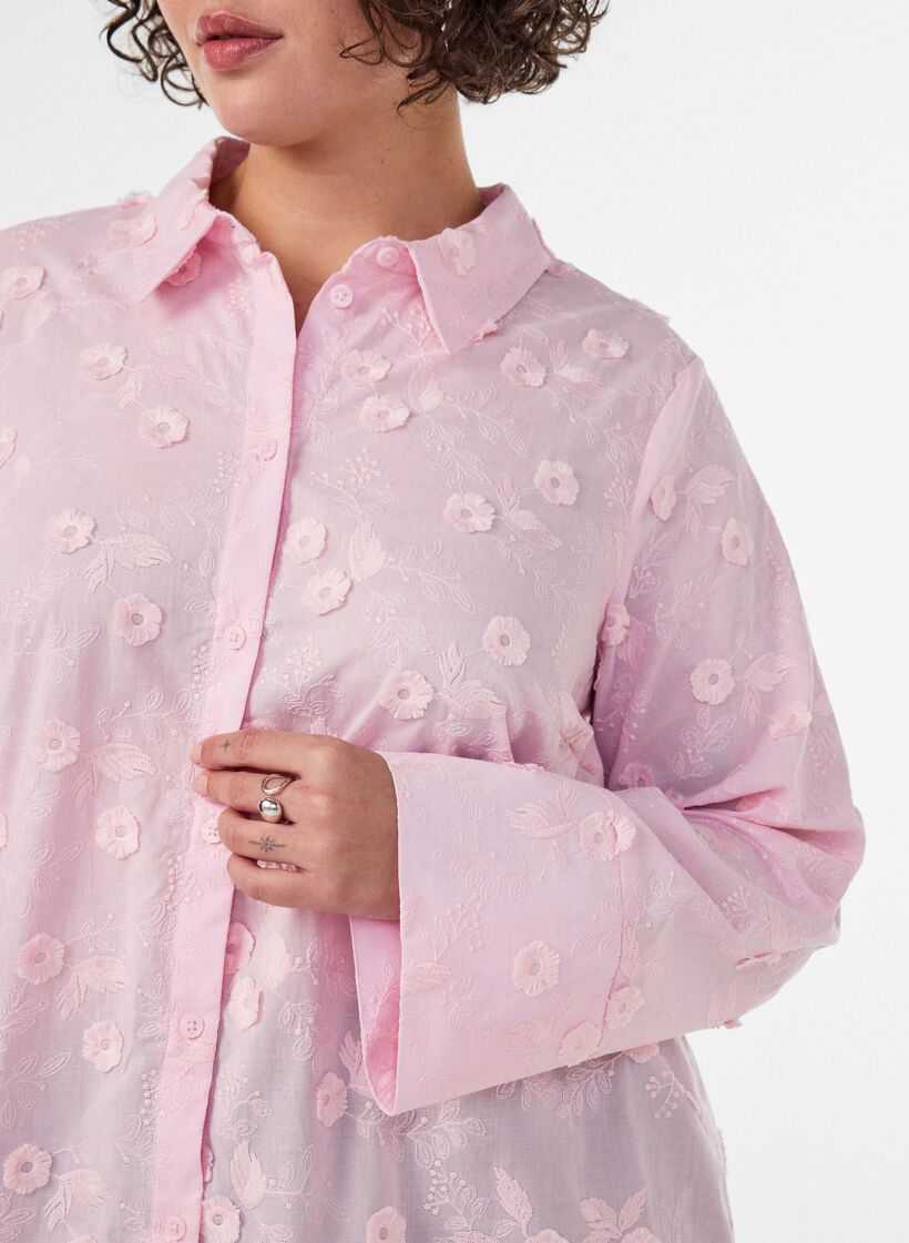 Shirt met bloemenborduursel en wijde mouwen, Roze, Model image number 3