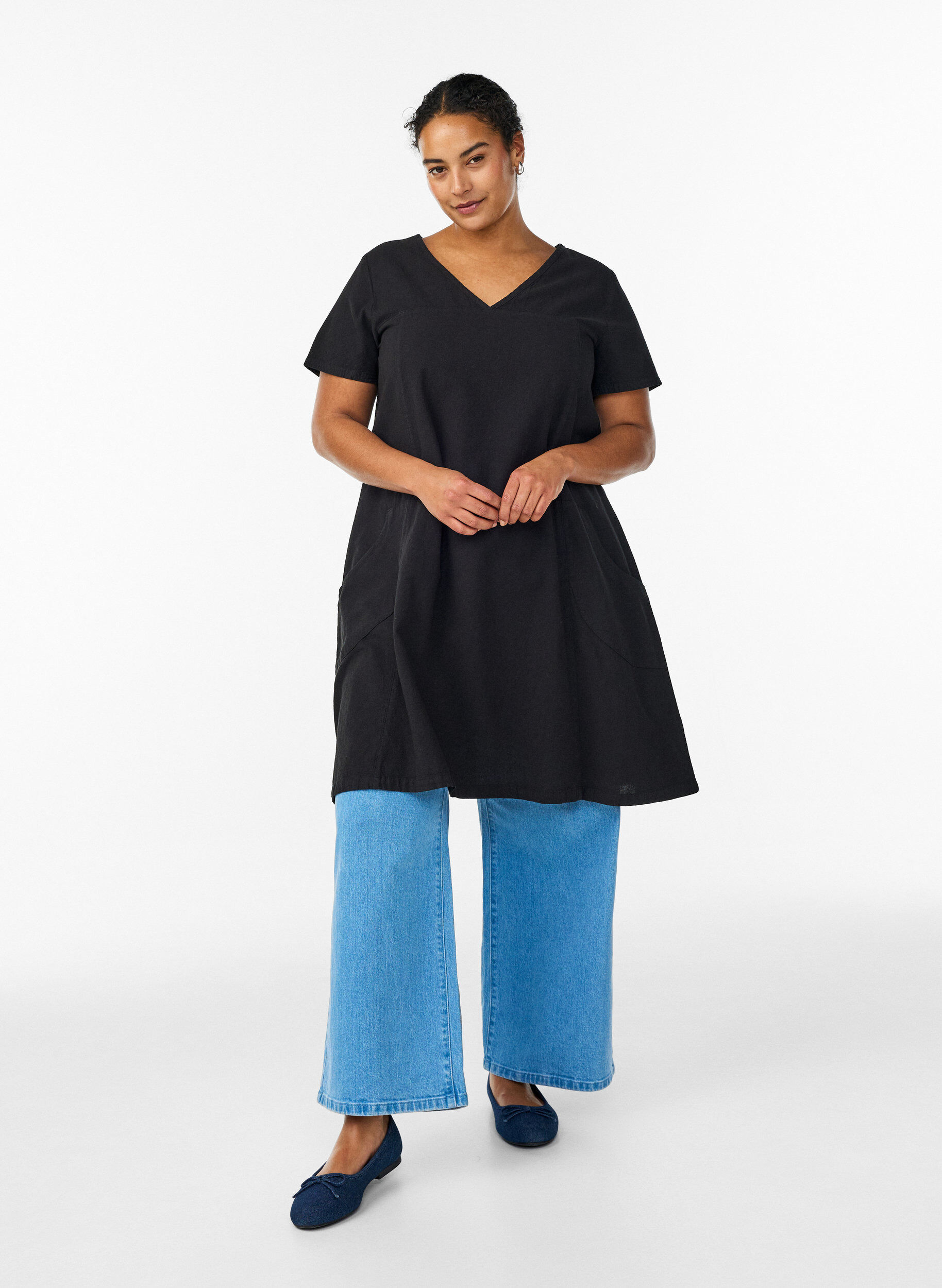 ZizziKatoenen jurk met korte mouwen, Zwart, Model image number 1