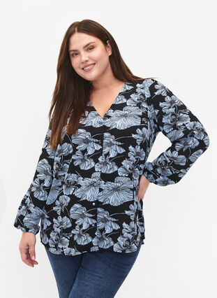 Shirtblouse met V-hals en print, Black B. Flower AOP, Model image number 0