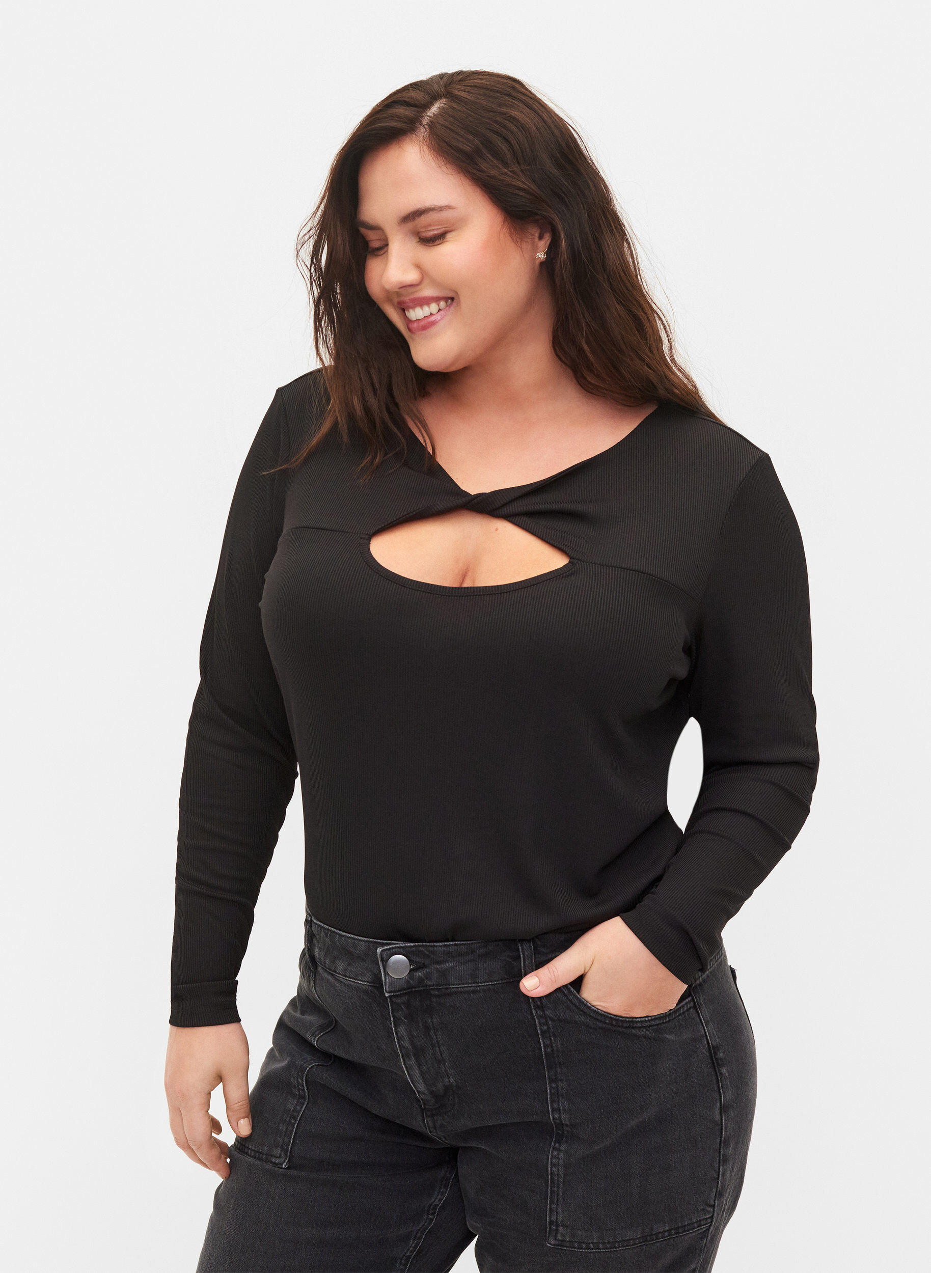 Zizzi Blouse met uitgesneden detail en lange mouwen, Black, Model image number 0