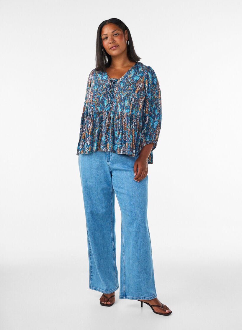 Blouse met paisleyprint en kanten detail, Blauw, Model image number 1