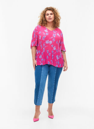 Gebloemde geplooide blouse, Beetroot Purple AOP, Model image number 2