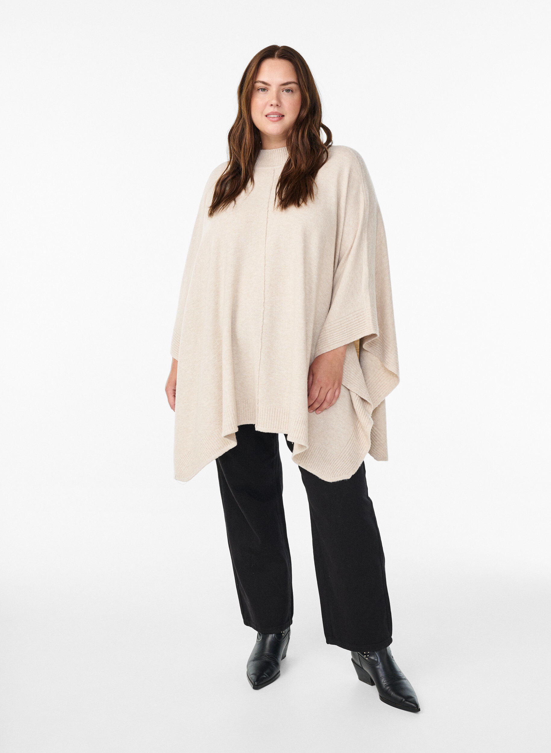 Zizzi Poncho met geribde details en een ronde hals, Beige, Model image number 1