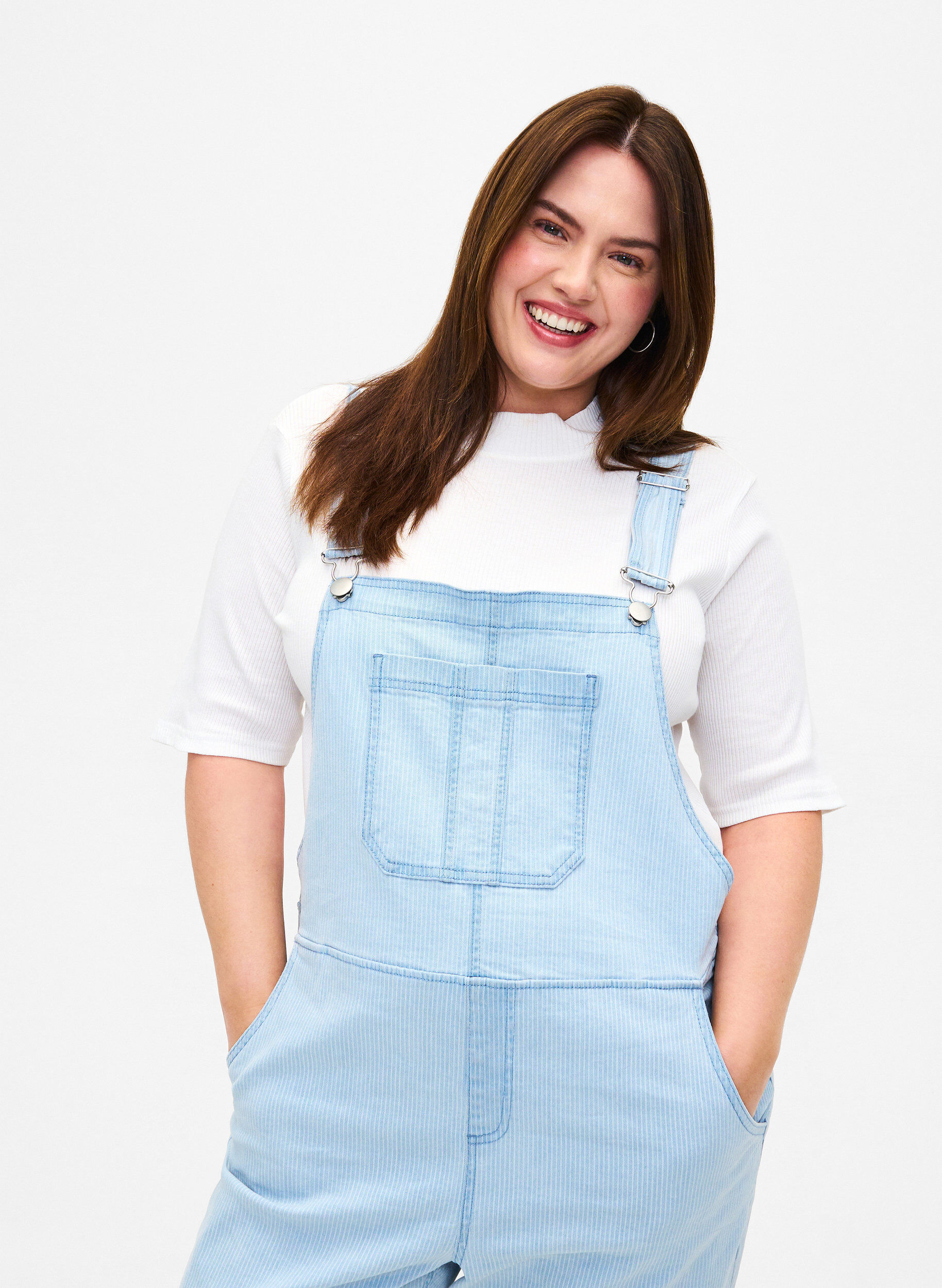 Zizzi Gestreepte denim overall, Blauw, Model image number 2